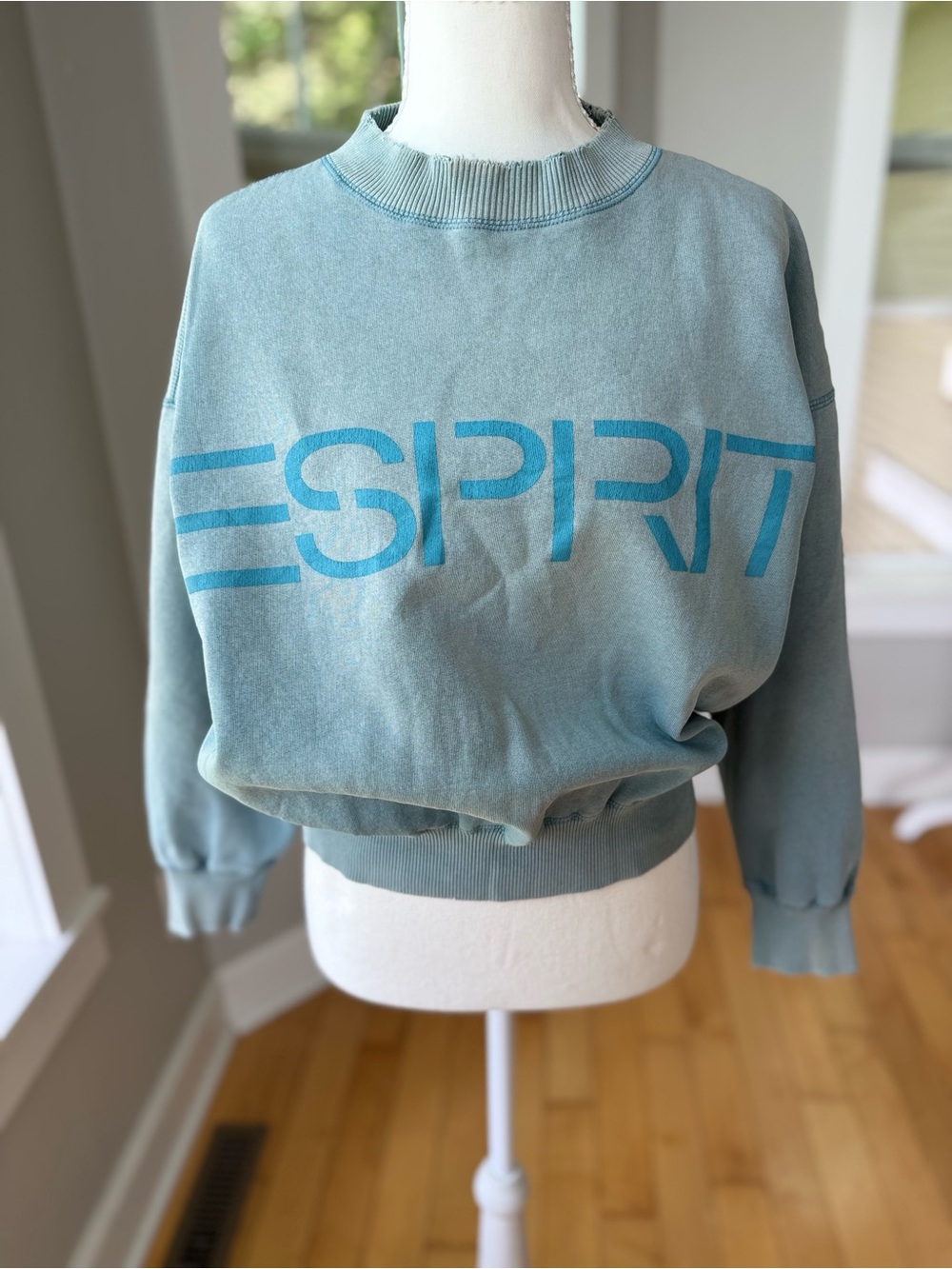 Vintage ESPRIT Basix Teal Sun Faded Distressed Cotton Logo Mockneck Sweatshirt